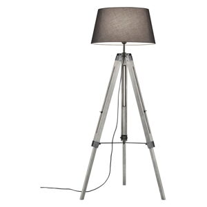 Sivá stojacia lampa z prírodného dreva a tkaniny Trio Tripod, výška 143 cm